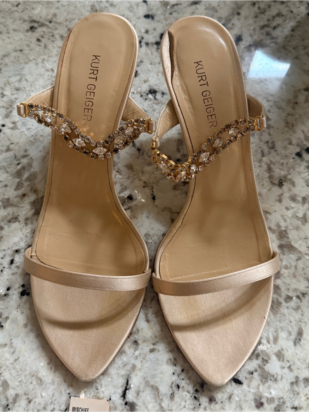Kurt Geiger Champagne Satin Jewel-Embellished Slide Heels 38